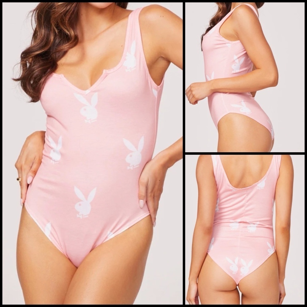 New! Playboy Francine Bunny Logo Pink  White Bodysuit x Yandy Coquette Sexy S/M